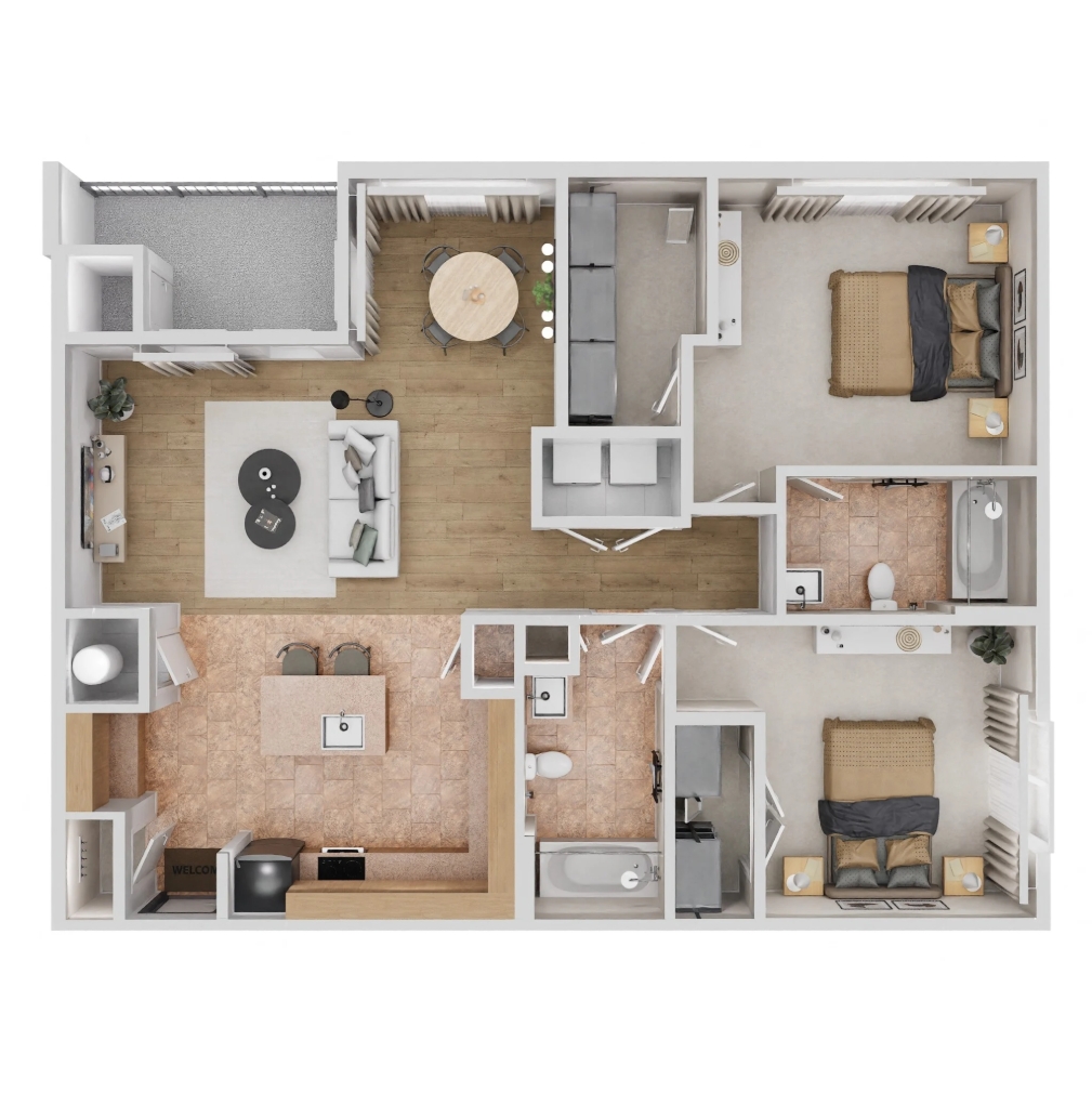 Floor plan for 2 beds, 2 baths, 1149 sqft